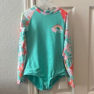 Kids Long Sleeve Rash Guard Swimsuit - Teal Floral
